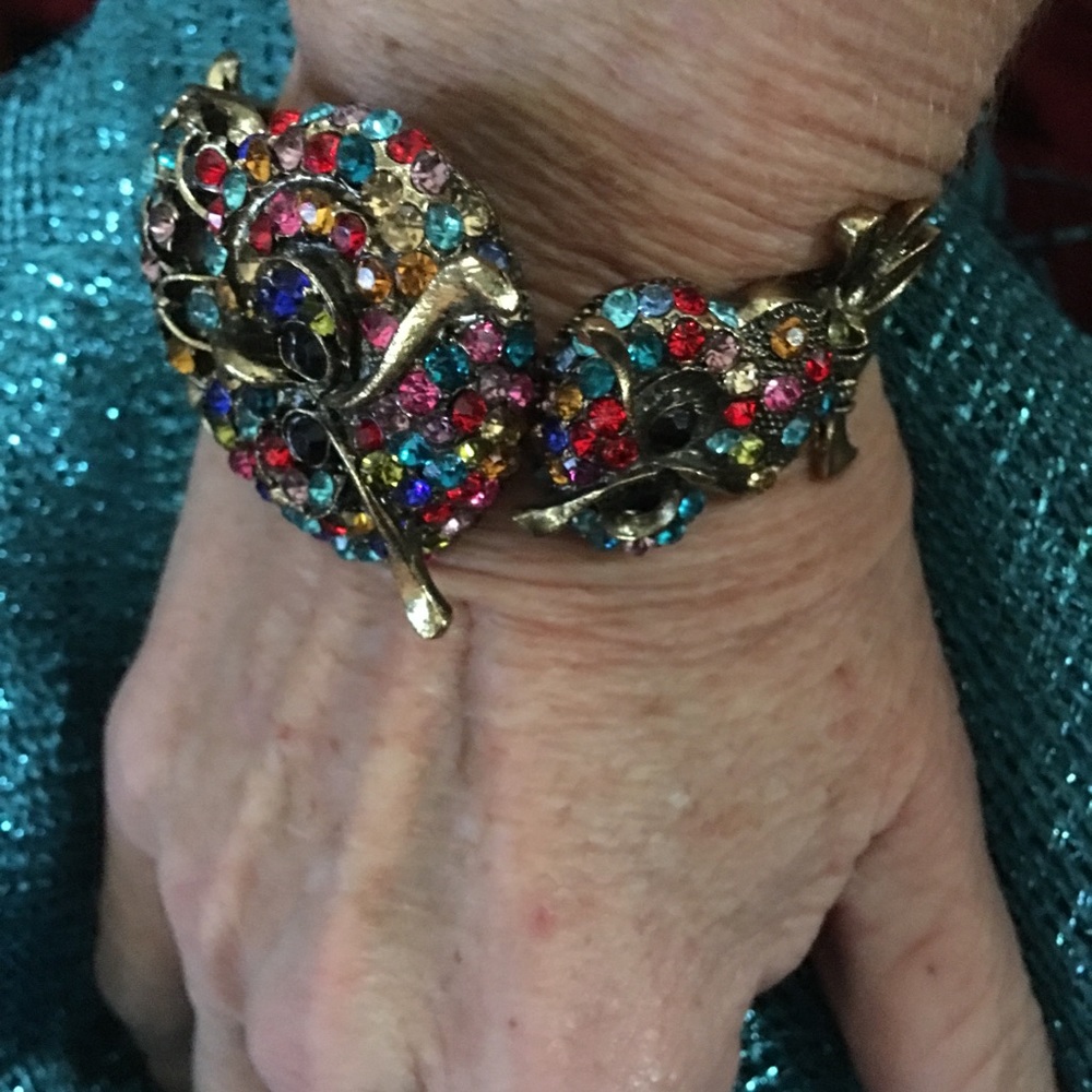 COPY - spring hinged multicolored rhinestone owl bracelet